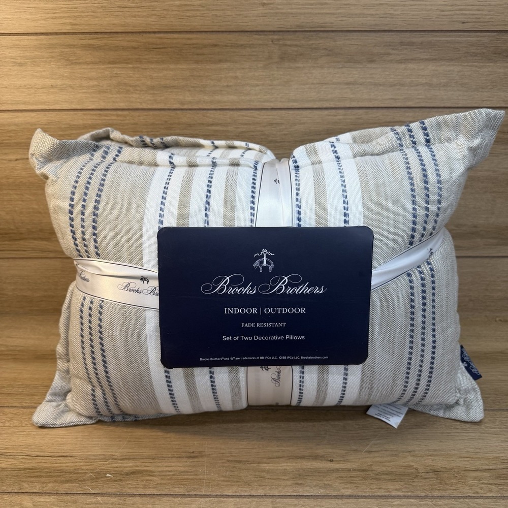 NWT Brooks Brothers Coastal Striped Throw Pillows Set 2 Fade Resistant Farmhouse